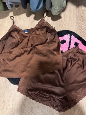 ON Brown Lace-Trim Satin Cami & Short Sleep Set
